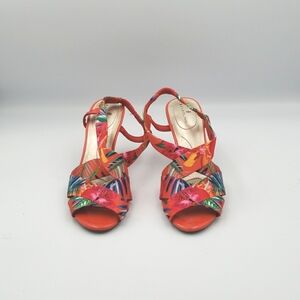 Bandolino Heel Sandals, women's size 5, red floral/tropical pattern.